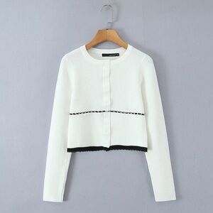 White Button-Up Cardigan with Black Trim